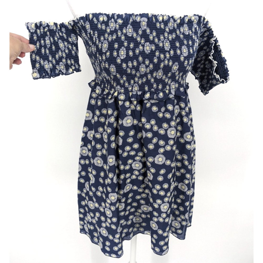 Kisuii Dress Womens Medium Blue‎ Off Shoulder Smocked Silk Floral Daisy Y2K 90s